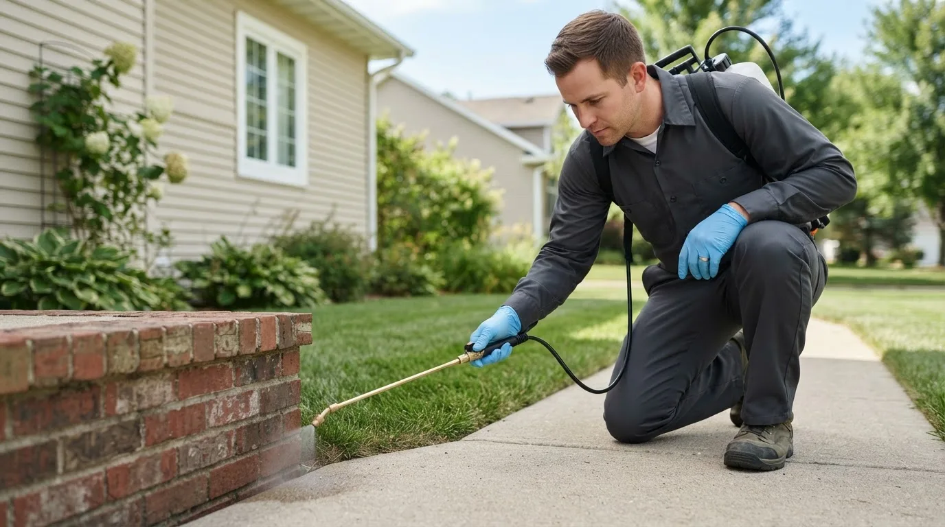 Pest control technician treating a home near Woodland Hills, CA